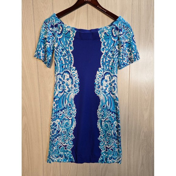 Lily Pulitzer Dress Shift Engineered print Sea Blue Size XXS Off the Shoulder - Picture 2 of 5